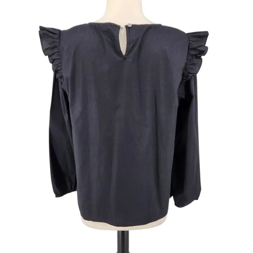 J Crew Ruffle Blouse – Black Long Sleeve Romantic Ruffle Shoulder